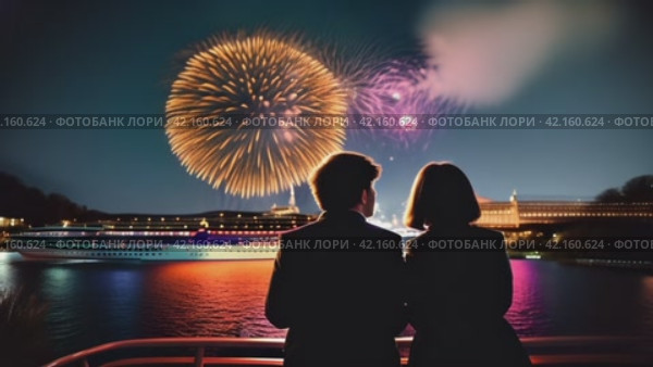 Lovers on the embankment under fireworks. Стоковое AI-видео, аниматор Юрий Поздников / Фотобанк Лори