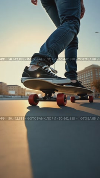 Low perspective shot of male feet in sneakers or skating shoes ride longboard and swerve on pavement. Cool extreme sport lifestyle or transportation mode. Стоковое AI-видео, аниматор Sergey Grishin / Фотобанк Лори