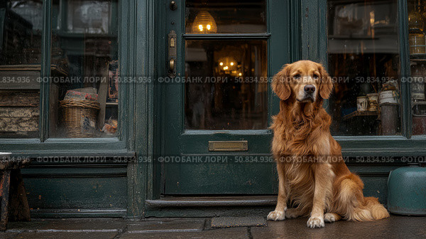 Loyal Guardian: Golden retriever dog patiently waits by the quaint green door of an old shop entrance. Стоковое AI-изображение, AI-художник Данила Большаков / Фотобанк Лори