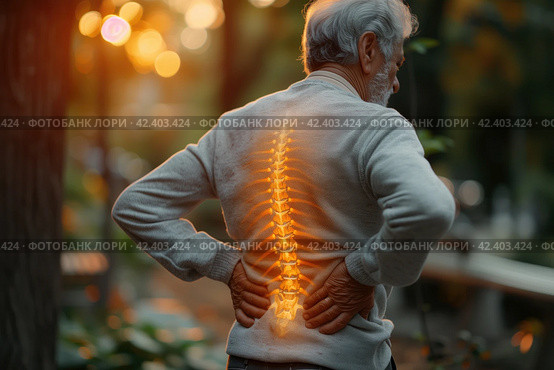 Lumbar intervertebral spine hernia, old man with back pain outdoors, spinal disc disease, health problems concept, AI Generated. Стоковое AI-изображение, AI-художник Станислав Тарко / Фотобанк Лори