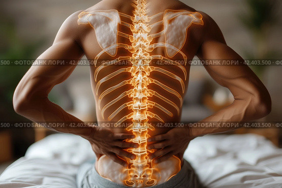 Lumbar pain, intervertebral spine hernia, man with back pain at home, spinal disc disease, health problems concept, AI Generated. Стоковое AI-изображение, AI-художник Станислав Тарко / Фотобанк Лори