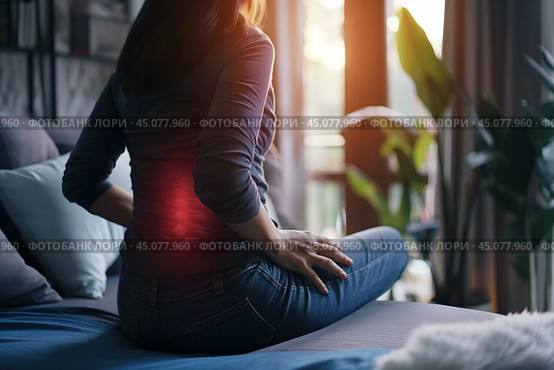 Lumbar pain, intervertebral spine hernia, woman with back pain at home, spinal disc disease, health problems concept. Стоковое AI-изображение, AI-художник Станислав Тарко / Фотобанк Лори