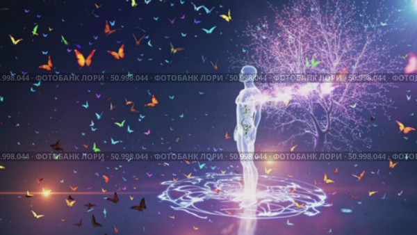 Luminescent human silhouette standing near enchanted tree, colorful butterflies swirling around, representing spiritual bond between human essence and natural world. Стоковое AI-видео, аниматор Данил Руденко / Фотобанк Лори