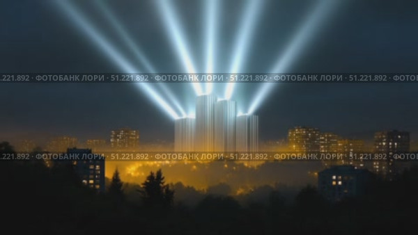 Luminous light rays piercing through dense urban fog, highlighting towering skyscraper silhouette during nighttime metropolitan atmosphere. Стоковое AI-видео, аниматор Юрий Поздников / Фотобанк Лори