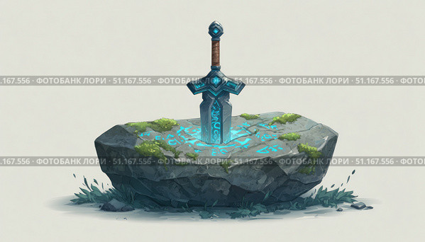 Luminous magical blade sinking into weathered stone, covered with emerald moss and glinting mystical runes, radiating legendary fantasy atmosphere. Стоковое AI-изображение, AI-художник Юрий Поздников / Фотобанк Лори