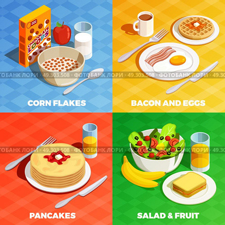 Lunch Meal Design Concept. Cooking icons isometric design concept with realistic dishes flatware with various breakfast food and drinks images vector illustration. Стоковая иллюстрация, агентство Ingram Publishing / Фотобанк Лори