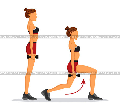 Lunges tabata exercises with dumbbells, red arrows showing correct direction, vector illustration isolated on white background. Lunges Tabata Exercises Set Vector Illustration. Стоковая иллюстрация, агентство Ingram Publishing / Фотобанк Лори