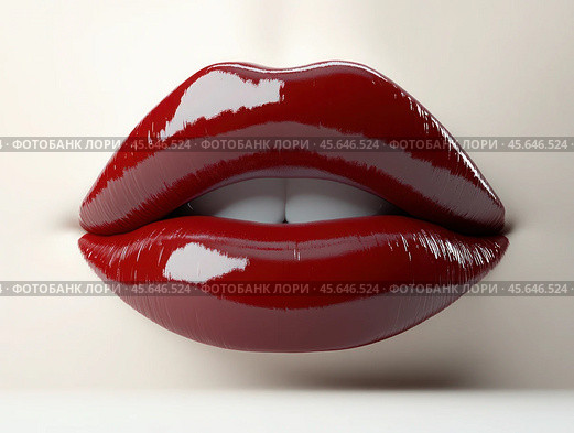 Lush female lips covered with bright red shiny lipstick highlighted on a white background. Стоковое AI-изображение, AI-художник Ярославский Максим / Фотобанк Лори