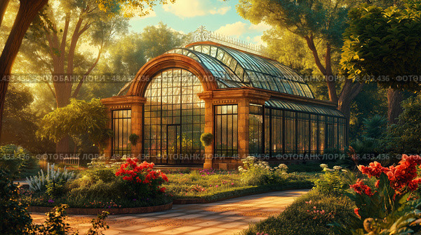 Lush greenery fills a sunlit conservatory with tropical plants and serene water features during a tranquil morning. Стоковое AI-изображение, AI-художник Михаил Коханчиков / Фотобанк Лори