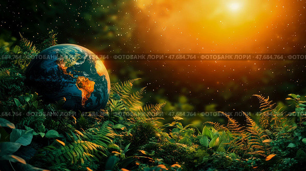 Lush Tropical Foliage Enveloping the Globe at Golden Hour. Стоковое AI-изображение, AI-художник Данила Большаков / Фотобанк Лори