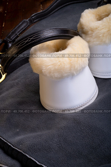 luxery hoof protectors with natural fur for sportive horses in complete with cover and halter. horse stuff and care. Стоковое фото, агентство Ingram Publishing / Фотобанк Лори