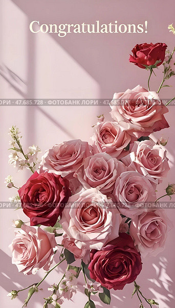 Luxurious bouquet of pink and red roses with spring flowers and congratulatory text for birthday, anniversary or wedding greetings. Стоковое AI-изображение, AI-художник Iva Noel / Фотобанк Лори