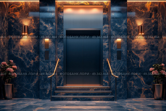 Luxurious modern elevator entrance in a marble-clad lobby. Роскошный современный лифт в вестибюле, отделанном мрамором. Стоковое AI-изображение, AI-художник Katsiaryna Repich / Фотобанк Лори