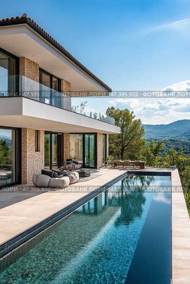 Luxurious Modern Villa With Pool Overlooking Scenic Landscape at Sunset. Стоковое AI-изображение, AI-художник Юлия Гапеенко / Фотобанк Лори
