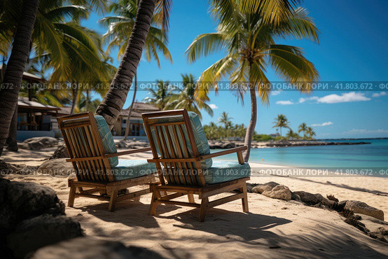 Luxury beach resort, beach loungers near the sea with white sand over sea. View of bavaro beach, punta cana, dominican republic, west indies, caribbean, central america. Стоковое AI-изображение, AI-художник Ирина Михайличенко / Фотобанк Лори