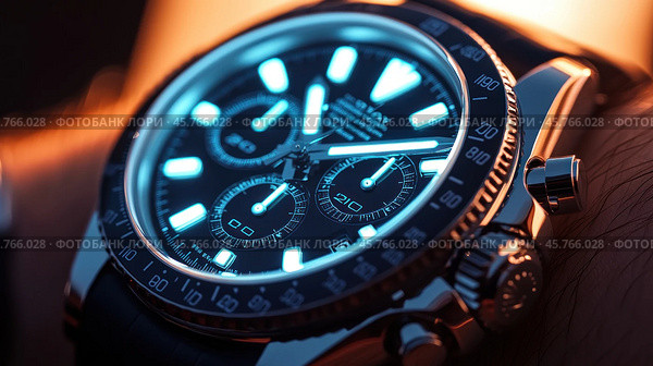 Luxury chronograph watch glowing in the dark on wrist. Стоковое AI-изображение, AI-художник Юрий Поздников / Фотобанк Лори