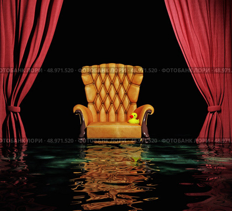 luxury leather armchair and red curtain above flooding  interior (3D) Стоковое фото, агентство Ingram Publishing / Фотобанк Лори
