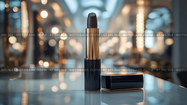 Luxury lipstick displayed on a glossy surface in a modern beauty salon. Роскошная губная помада на глянцевой поверхности в современном салоне красоты. Стоковое AI-изображение, AI-художник Katsiaryna Repich / Фотобанк Лори