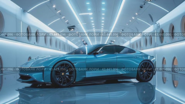 Luxury modern blue car parked at local dealership salon, on the mirror surface of an abstract geometric structure in a high-tech style. Automobiles for sale, rent, car showroom, copy space, ad. Стоковое AI-видео, аниматор Ирина Михайличенко / Фотобанк Лори