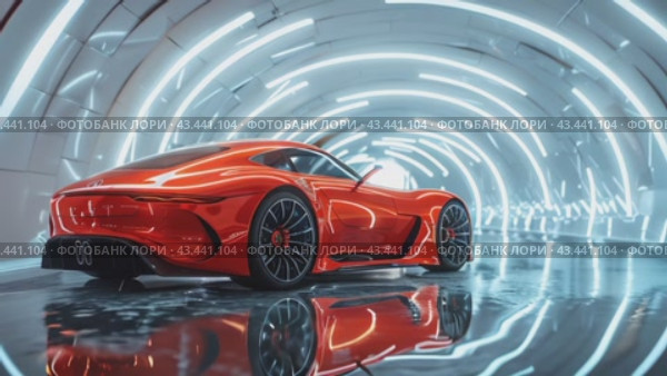 Luxury red modern car parked at local dealership salon, on the mirror surface of an abstract geometric structure in a high-tech style. Automobiles for sale, rent, car showroom, copy space, ad. Стоковое AI-видео, аниматор Ирина Михайличенко / Фотобанк Лори