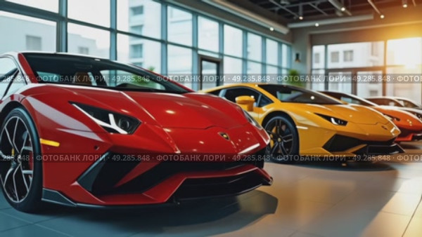 Luxury Sports Cars Displayed in Modern Showroom During Sunset. Стоковое AI-видео, аниматор Оксана Медведева / Фотобанк Лори
