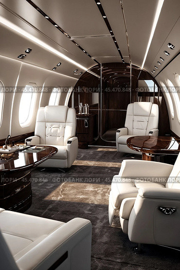Luxury white interior vip comfortable private jet with laptop on table, at highest. Modern business airplane, perfect decor. Passenger service quality in aviation industry concept. Copy ad text space. Стоковое AI-изображение, AI-художник Aleksandr Golubev / Фотобанк Лори