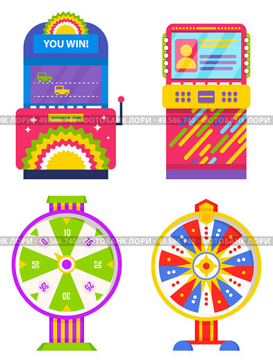 Machinery for playing and gambling vector, isolated set of game machine flat style. Box with screen and controlling panel. Fortune wheel pointing on money and reward in casino. Entertainment for kids. Game Machine and Fortune Wheel Gambling Device. Стоковая иллюстрация, агентство Ingram Publishing / Фотобанк Лори