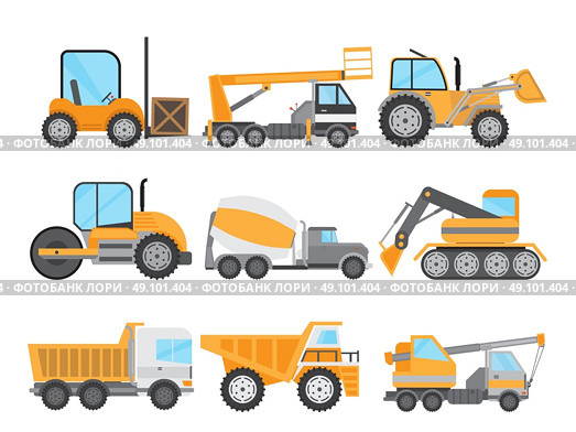 Machines for construction work set. Special machines for loading and lifting cargo to transport heavy objects, to pits and dripping Lifter concrete products for construction. Vector illustration. Стоковая иллюстрация, агентство Ingram Publishing / Фотобанк Лори