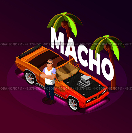 Macho man standing crossed arms near luxury open top car in tropical resort isometric image vector illustration . Macho Man Luxury Car isometric Image . Стоковая иллюстрация, агентство Ingram Publishing / Фотобанк Лори