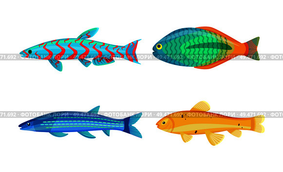 Mackerel blue fish and zebra mbuna set. Marine aquatic organisms with mouth, eyes and gills. Underwater creatures isolated on vector illustration. Mackerel Blue Fish Zebra Mbuna Vector Illustration. Стоковая иллюстрация, агентство Ingram Publishing / Фотобанк Лори