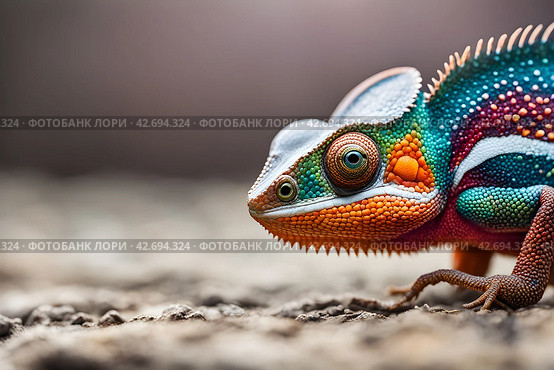 Macro photography multi-colored chameleon close up head. Стоковое AI-изображение, AI-художник Наталья Симакова / Фотобанк Лори
