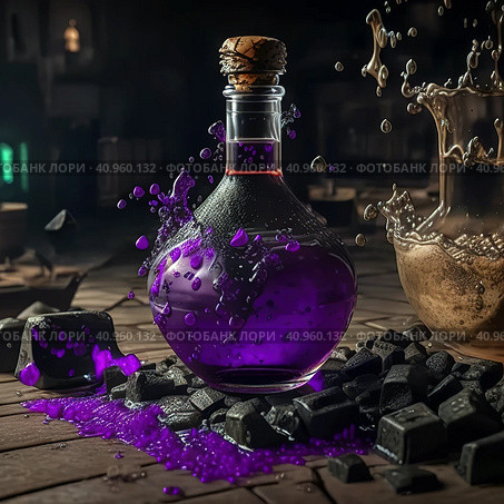 Magic potion in an old bottle among witchcraft accessories, Магическое зелье в старинном флаконе среди камней и кристаллов. Стоковое AI-изображение, AI-художник Елена Титова / Фотобанк Лори