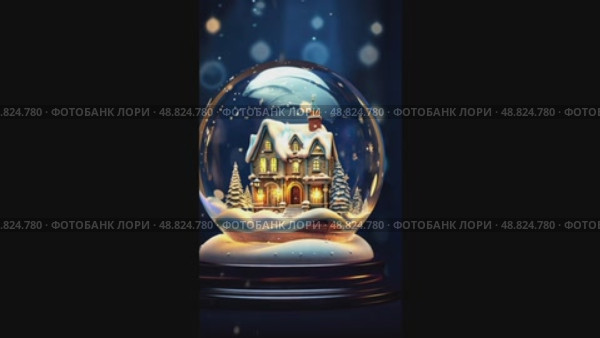 Magical glass ball with tiny modern cozy winter house inside on dark background. Snow globe, illustration. Insurance, moving, mortgage, rent and purchase real estate. AI generated. Стоковое AI-видео, аниматор Ольга Симонова / Фотобанк Лори