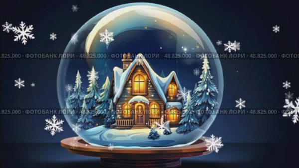 Magical glass ball with tiny modern cozy winter house inside on dark background. Snow globe, illustration. Insurance, moving, mortgage, rent and purchase real estate. AI generated. Стоковое AI-видео, аниматор Ольга Симонова / Фотобанк Лори