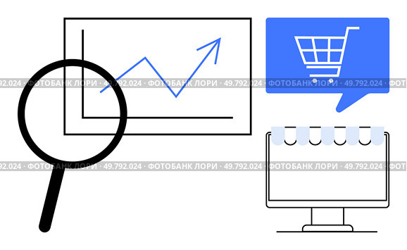 Magnifying glass analyzes an upward-trending growth chart. Shopping cart icon displayed on a blue speech bubble. Ideal for business analysis, e-commerce development, market research, online shopping. Magnifying Glass Analyzing Growth Chart and E-commerce Shopping Cart on Computer Screen. Стоковая иллюстрация, агентство Ingram Publishing / Фотобанк Лори