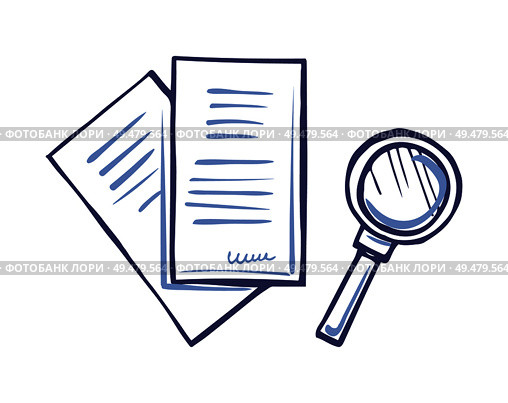 Magnifying glass and paper documents with signature isolated. Office page with scribble in right corner. Line art sign of document, signed contract vector. Magnifying Glass and Paper Document with Signature. Стоковая иллюстрация, агентство Ingram Publishing / Фотобанк Лори
