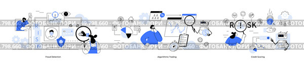 Magnifying glass, computer screens, charts, graphs, people analyzing data, puzzle pieces, and icons. Ideal for AI, data analytics, fraud detection, credit scoring, training algorithms risk. Fraud Detection, Algorithm Training, and Credit Scoring in AI and Data Analytics. Стоковая иллюстрация, агентство Ingram Publishing / Фотобанк Лори