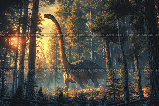 Majestic dinosaur in enchanted forest at sunset. Стоковое AI-изображение, AI-художник Иван Рябоконь / Фотобанк Лори