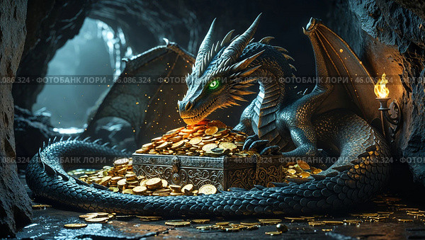 Majestic dragon guarding treasure in a dimly lit cave with shimmering gold coins and glowing torchlight. Стоковое AI-изображение, AI-художник Сергей Толмачёв / Фотобанк Лори