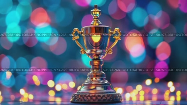 Majestic golden cup for champions standing tall on a sleek platform, bathed in the soft glow of festive, blurred orbs. Стоковое AI-видео, аниматор Данила Большаков / Фотобанк Лори