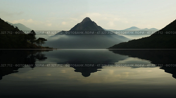 Majestic mountain reflecting in calm lake at dawn in serene landscape. Спокойное утро у озера с величественными горами. Туман мягко окутывает вершины, а в спокойной воде отражаются потрясающие пейзажи. Природа демонстрирует свою тихую красоту. Стоковое AI-изображение, AI-художник Katsiaryna Repich / Фотобанк Лори