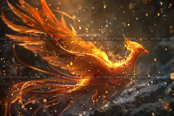 Majestic phoenix rising from ashes, embracing rebirth and hope. Стоковое AI-изображение, AI-художник Иван Рябоконь / Фотобанк Лори