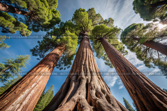 Majestic Redwood Trees Stand Tall in California's Sequoia National Park. Generative AI. Стоковое AI-изображение, AI-художник Roman Zavorotny / Фотобанк Лори