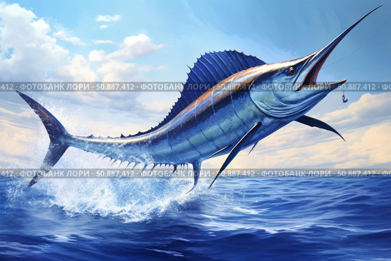 Majestic sailfish jumping out of ocean water with fishing hook. Стоковое AI-изображение, AI-художник Иван Рябоконь / Фотобанк Лори