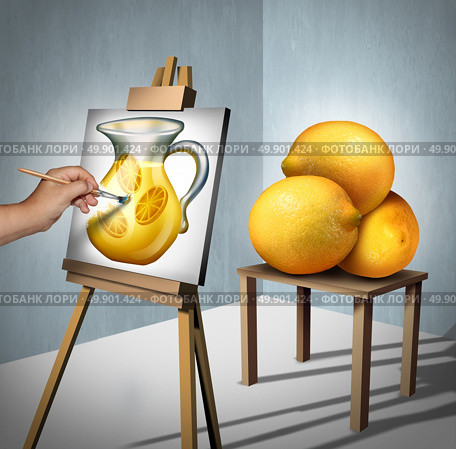 Make lemonade out of lemons positive motivational and inspirational quote symbol as a person interpreting a group of lemon fruits as a painting of a jug of lemonade as a concept fot optimism with 3D illustration elements. Стоковое фото, агентство Ingram Publishing / Фотобанк Лори