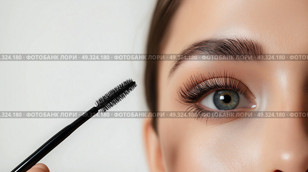 Makeup artist applying mascara on eyelashes of young woman, closeup. Визажист наносит тушь на ресницы молодой женщины, крупный план. Стоковое AI-изображение, AI-художник Katsiaryna Repich / Фотобанк Лори
