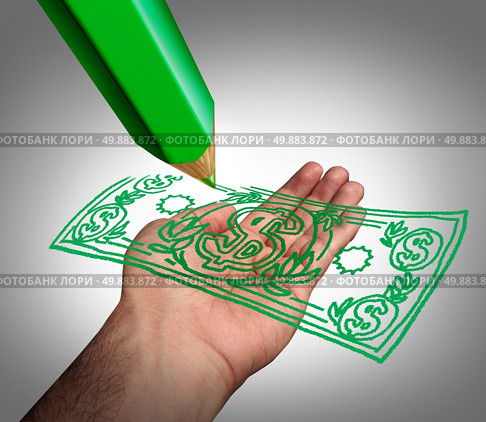 Making money business concept as a green pencil drawing a dollar currency on an open hand as a symbol of creating wealth or government subsidies for lobby groups or payment of a refund. Стоковое фото, агентство Ingram Publishing / Фотобанк Лори