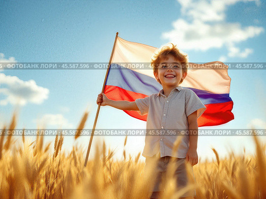 Мальчик с флагом России в пшеничном поле. Счастливый ребенок с флагом на природе. Патриотический мальчик в поле. Детство и природа . Мальчик с флагом среди колосьев. Стоковое AI-изображение, AI-художник Сергей Расторгуев / Фотобанк Лори