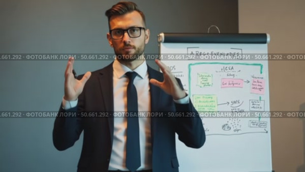 Male business coach speaker in suit give flipchart presentation. Стоковое AI-видео, аниматор Sergey Grishin / Фотобанк Лори