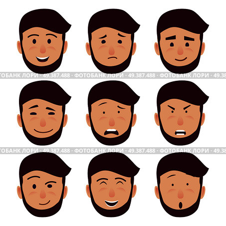 Male cartoon character faces with emotions of happiness, anger and astonishment isolated on white background. Young man facial expressions set. Human feelings manifestation vector illustration.. Cartoon Characters Emotions Illustrations Set. Стоковая иллюстрация, агентство Ingram Publishing / Фотобанк Лори